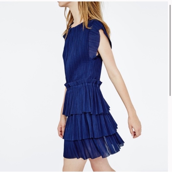 Maje RADZY Pleated Ruffle Tiered Dress Navy - Picture 2 of 10